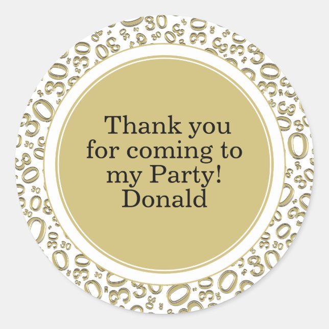  Your Text 30th Random Number Pattern Gold/White Classic Round Sticker (Front)