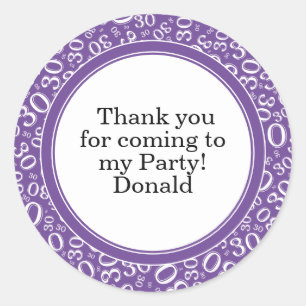 Your Text 30th Random Number Pattern Purple/White Classic Round Sticker