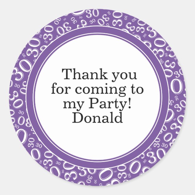  Your Text 30th Random Number Pattern Purple/White Classic Round Sticker (Front)