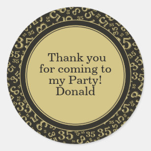 Your Text 35th Random Number Pattern Black/Gold Classic Round Sticker