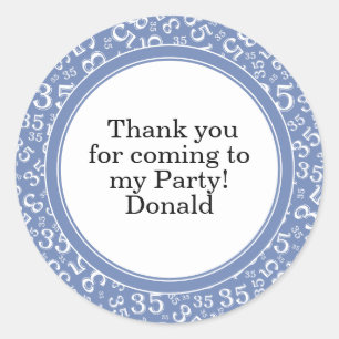  Your Text 35th Random Number Pattern Blue/White Classic Round Sticker