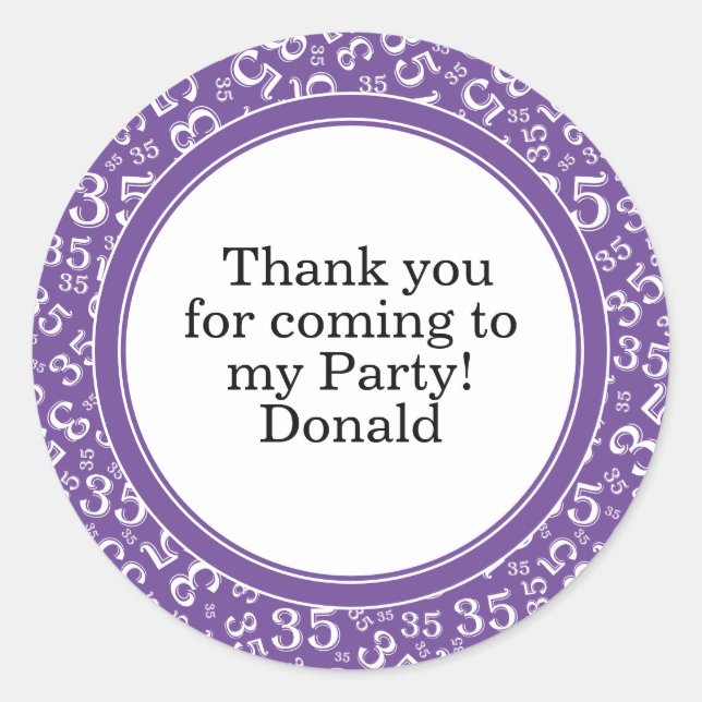  Your Text 35th Random Number Pattern Purple/White Classic Round Sticker (Front)