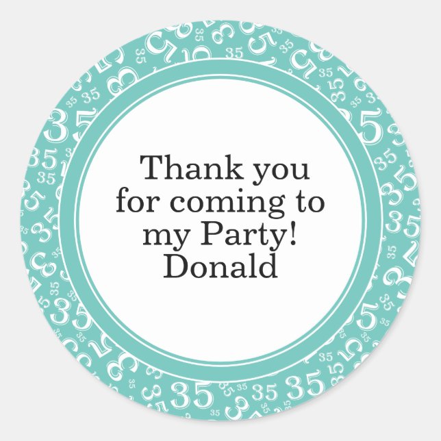  Your Text 35th Random Number Pattern Teal/White Classic Round Sticker (Front)