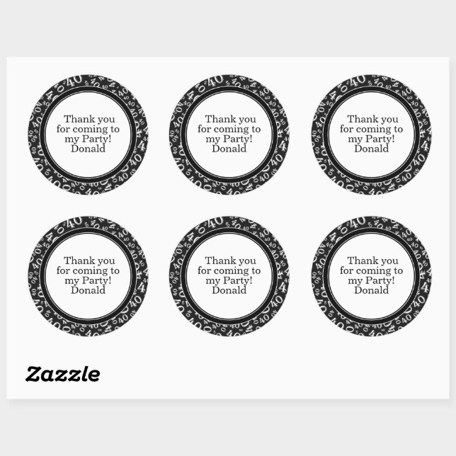  Your Text 40th Random Number Pattern Black/White Classic Round Sticker (Sheet)