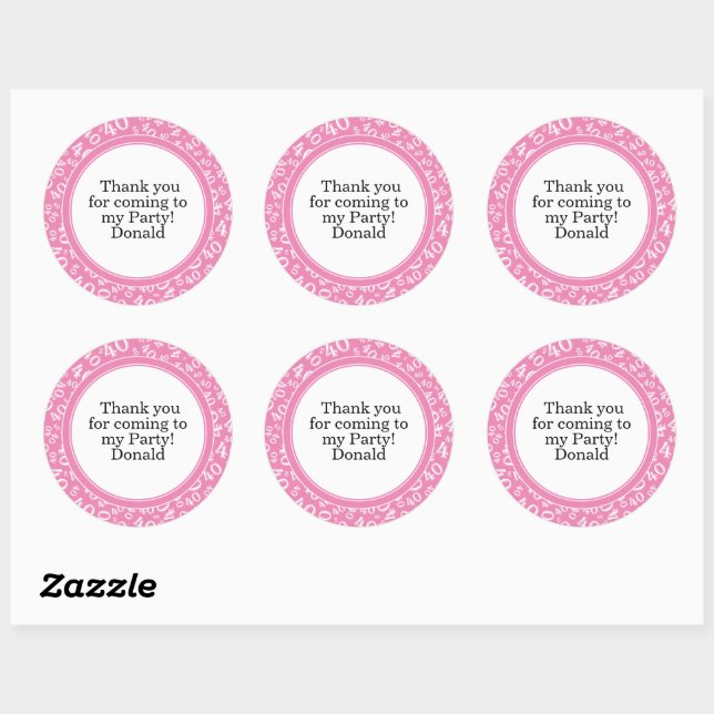  Your Text 40th Random Number Pattern Pink/White Classic Round Sticker (Sheet)