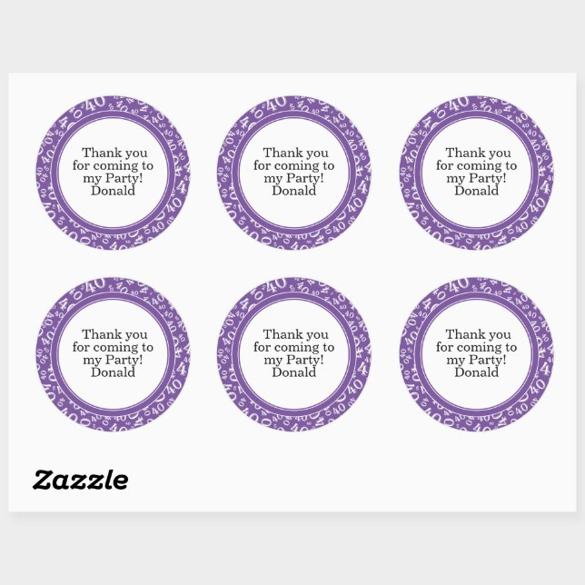  Your Text 40th Random Number Pattern Purple/White Classic Round Sticker (Sheet)