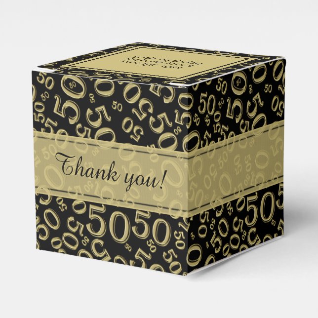 Your Text 50th Birthday Number Pattern Gold/Black Favour Box (Front Side)