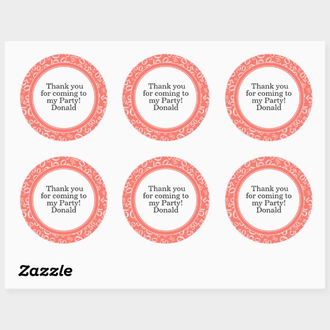  Your Text 50th Random Number Pattern Coral/White Classic Round Sticker (Sheet)