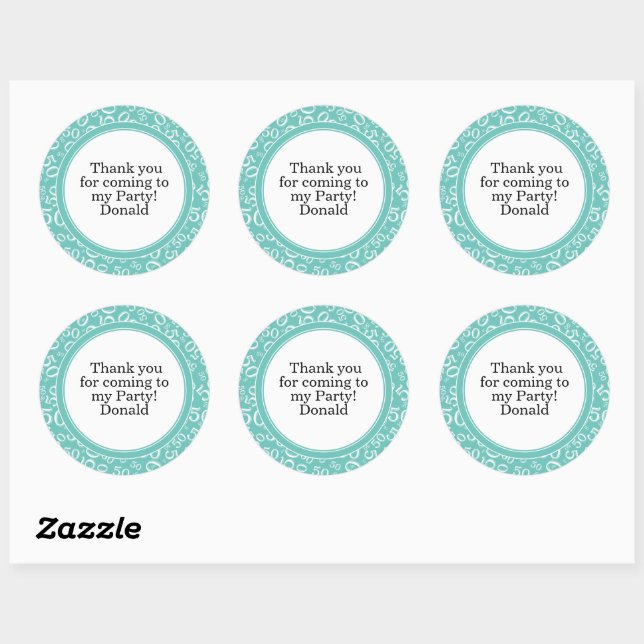  Your Text 50th Random Number Pattern Teal/White Classic Round Sticker (Sheet)