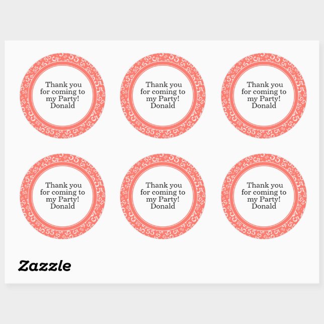  Your Text 55th Random Number Pattern Coral/White Classic Round Sticker (Sheet)