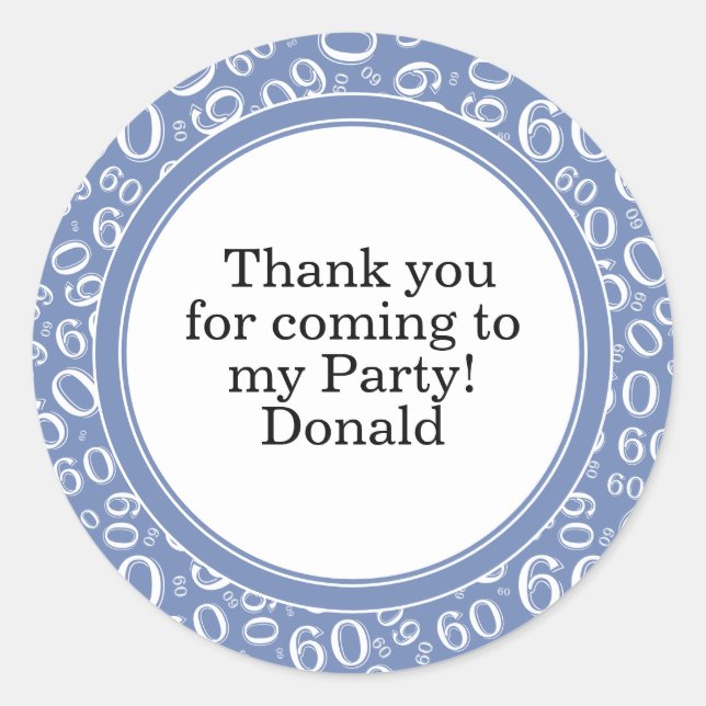  Your Text 60th Random Number Pattern Blue/White Classic Round Sticker (Front)