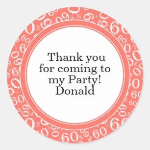 Your Text 60th Random Number Pattern Coral/White Classic Round Sticker