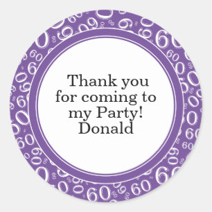 Your Text 60th Random Number Pattern Purple/White Classic Round Sticker