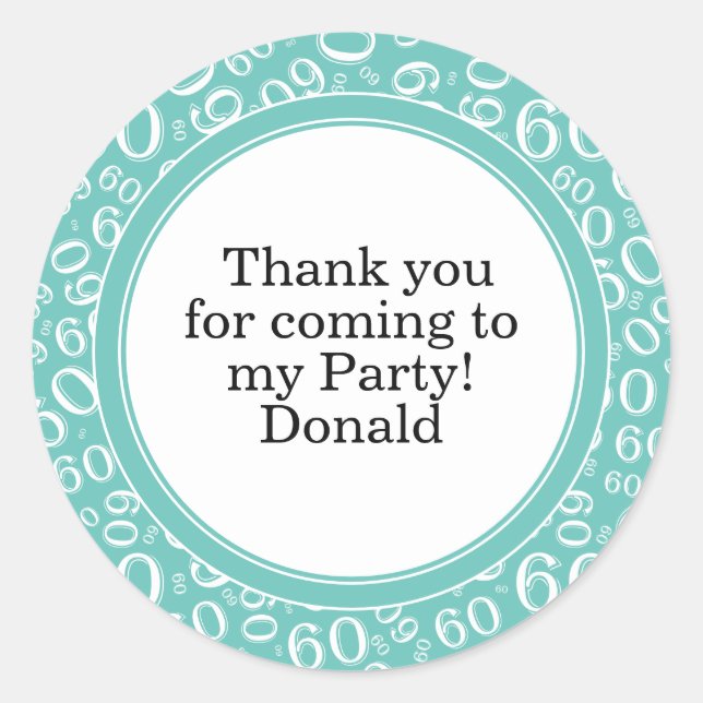  Your Text 60th Random Number Pattern Teal/White Classic Round Sticker (Front)