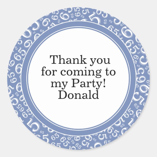  Your Text 65th Random Number Pattern Blue/White Classic Round Sticker (Front)