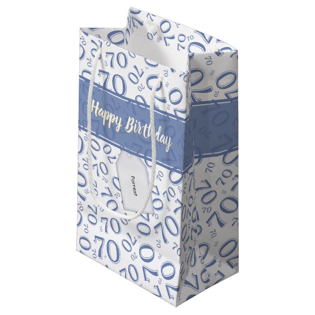 Your text: 70th Birthday Blue Number 70 Pattern Small Gift Bag (Front Angled)