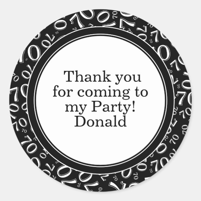  Your Text 70th Random Number Pattern Black/White Classic Round Sticker (Front)