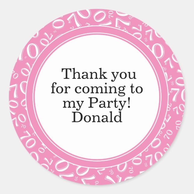  Your Text 70th Random Number Pattern Pink/White Classic Round Sticker (Front)