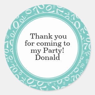Your Text 70th Random Number Pattern Teal/White Classic Round Sticker