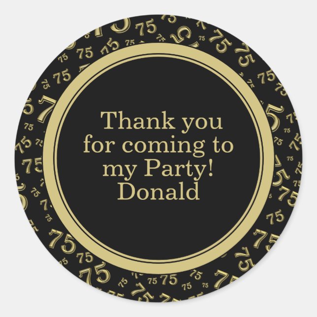  Your Text 75th Random Number Pattern Black/Gold Classic Round Sticker (Front)