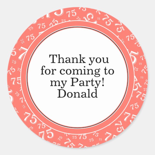  Your Text 75th Random Number Pattern Coral/White Classic Round Sticker (Front)