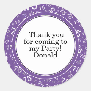 Your Text 75th Random Number Pattern Purple/White Classic Round Sticker