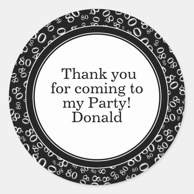  Your Text 80th Random Number Pattern Black/White Classic Round Sticker (Front)