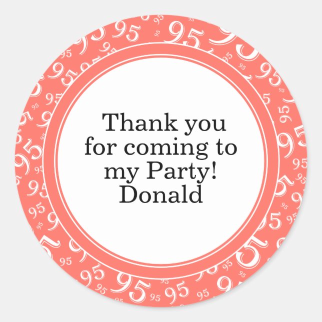  Your Text 95th Random Number Pattern Coral/White Classic Round Sticker (Front)