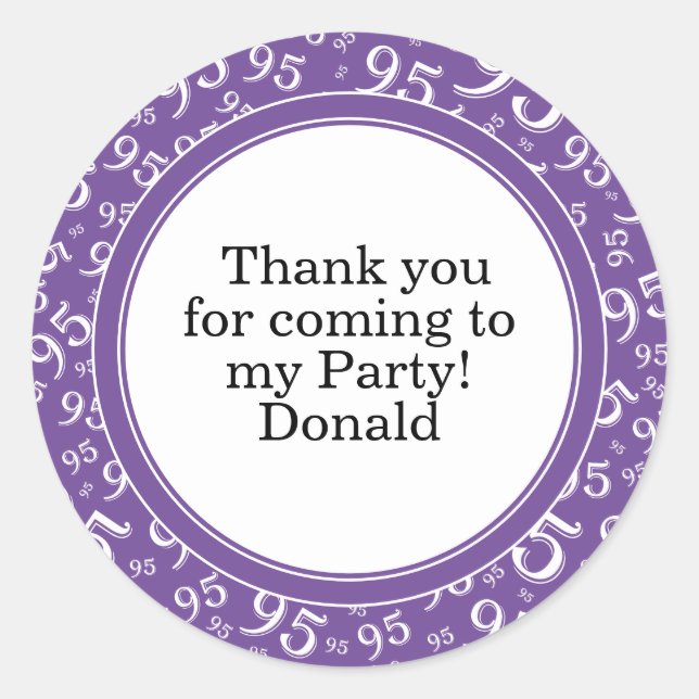  Your Text 95th Random Number Pattern Purple/White Classic Round Sticker (Front)