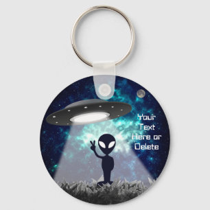 Your Text Alien Peace Sign UFO Planet Blue Galaxy  Key Ring