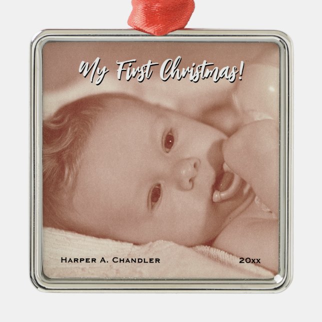 Your Text and Baby Photo My First Christmas Metal Ornament (Front)