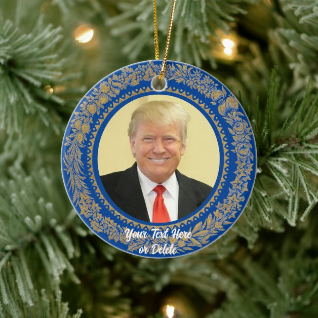 Your Text/Colour Donald Trump Christmas Wreath Blu Ceramic Ornament (Tree)