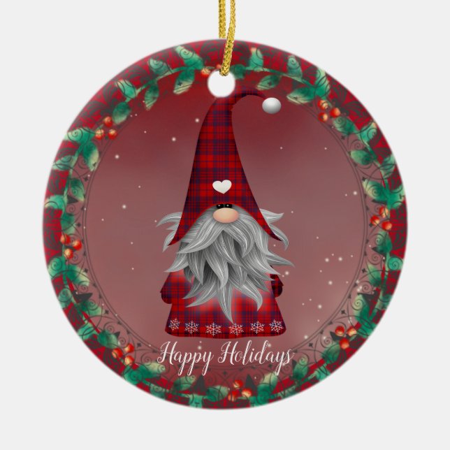 Your Text Cute Red Plaid Gnome & Snowflake Holiday Ceramic Ornament (Front)