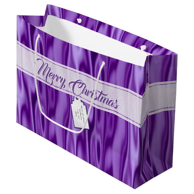 Your Text | Elegant Christmas Purple Faux Satin Large Gift Bag (Front Angled)