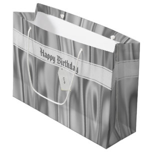 Your Text: Elegant Happy Birthday Silver Satin Large Gift Bag