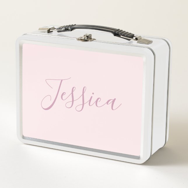 Your Text | Elegant Script & Soft Blush Pink Metal Lunch Box (Front)