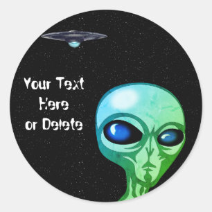 Your Text & Font Cool Green Alien Silver UFO Classic Round Sticker