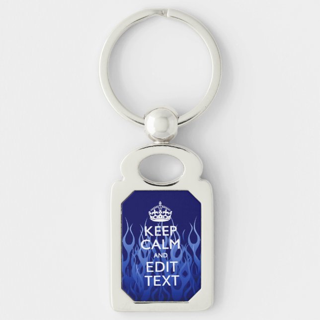 Your Text for Keep Calm on Blue Racing Flames Key Ring (Front)