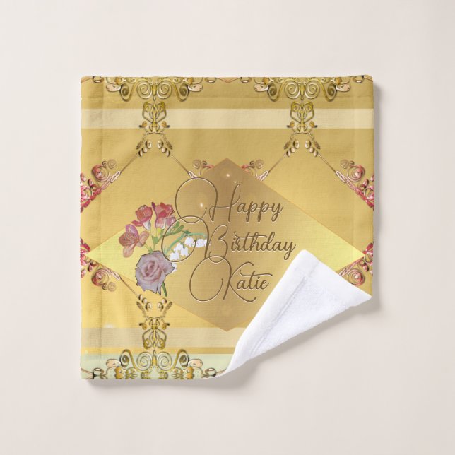 Your Text Golden Floral Bath Towel Set (Wash Cloth)