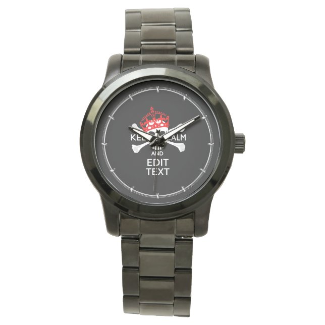 Your Text Keep Calm Red Crown Crossbones Skull Watch (Front)