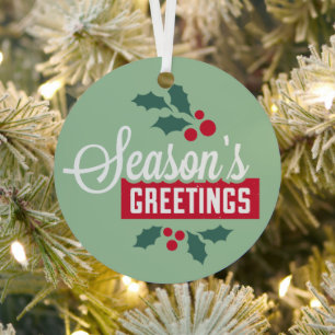 Your Text on Back, Retro Season's Greetings Round Metal Tree Decoration