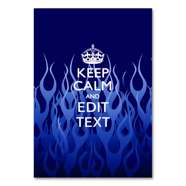 Your Text on Keep Calm on Blue Racing Flames Table Number (Front)