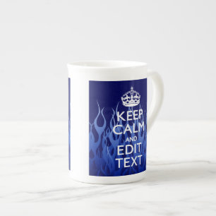 Your Text on Keep Calm on Navy Blue Racing Flames Bone China Mug