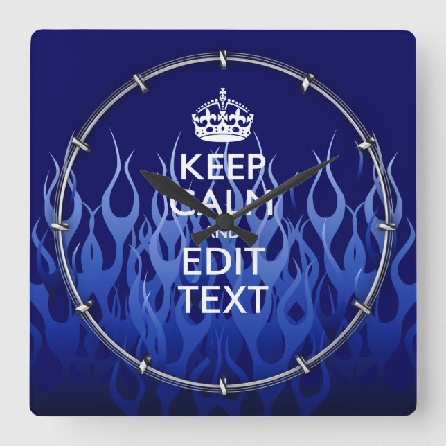 Your Text on Keep Calm on Navy Blue Racing Flames Square Wall Clock (Front)