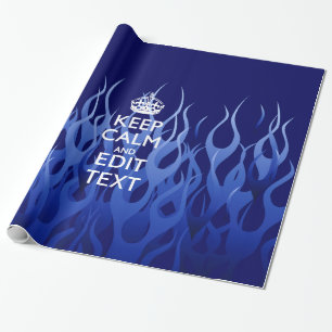 Your Text on Keep Calm on Navy Blue Racing Flames Wrapping Paper