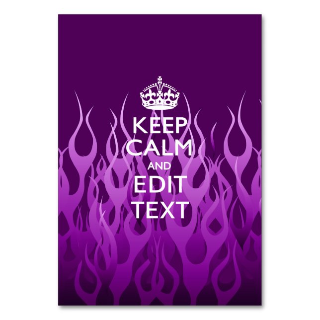 Your Text on Keep Calm on Purple Racing Flames Table Number (Front)