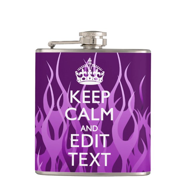 Your Text on Keep Calm Purple Racing Flames Decor Hip Flask (Front)