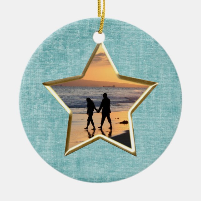 Your Text & Photo: Aqua Star-Shape Picture Frame Ceramic Ornament (Front)
