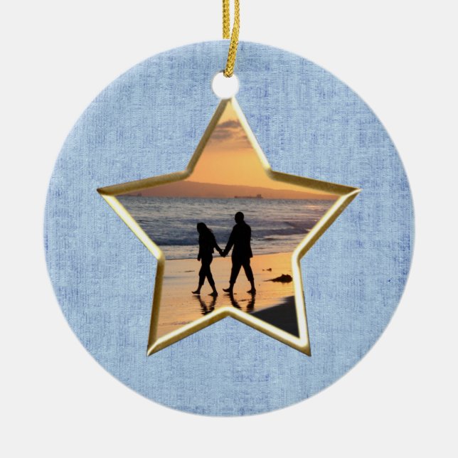 Your Text & Photo: Blue Star-Shape Picture Frame Ceramic Ornament (Front)