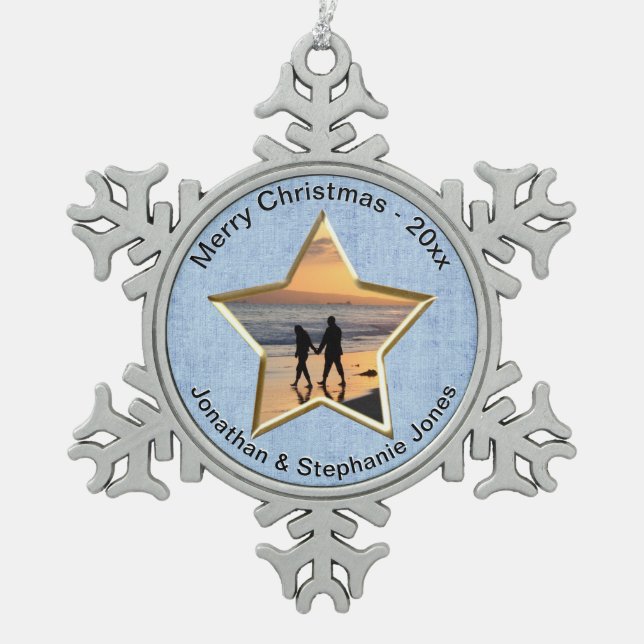  Your Text & Photo: Blue Star-Shape Picture Frame Snowflake Pewter Christmas Ornament (Front)